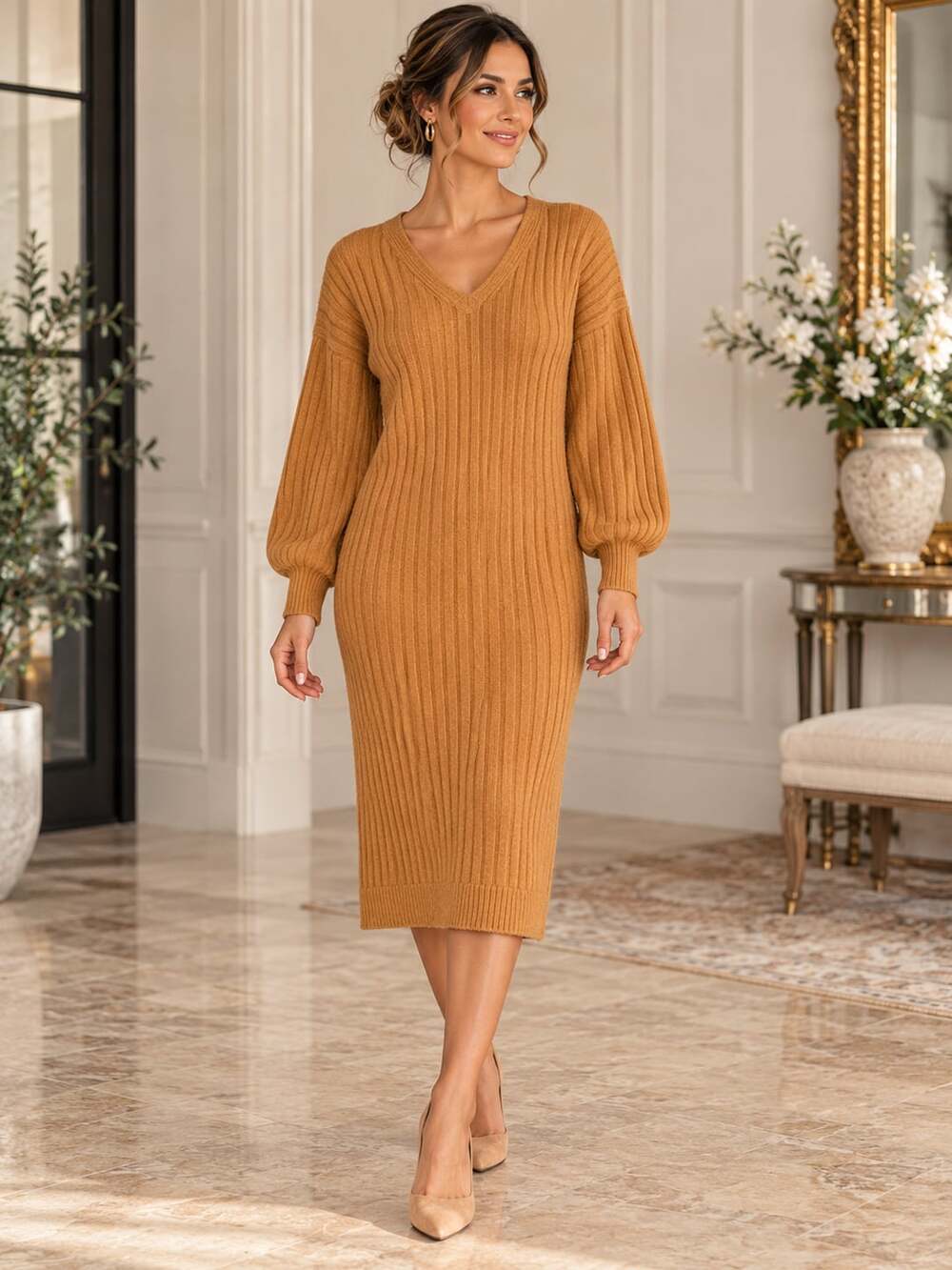 Rachel Parcell Ribbed Knit Sweater Dress S Mustard Gold V Neck Puff Sleeve